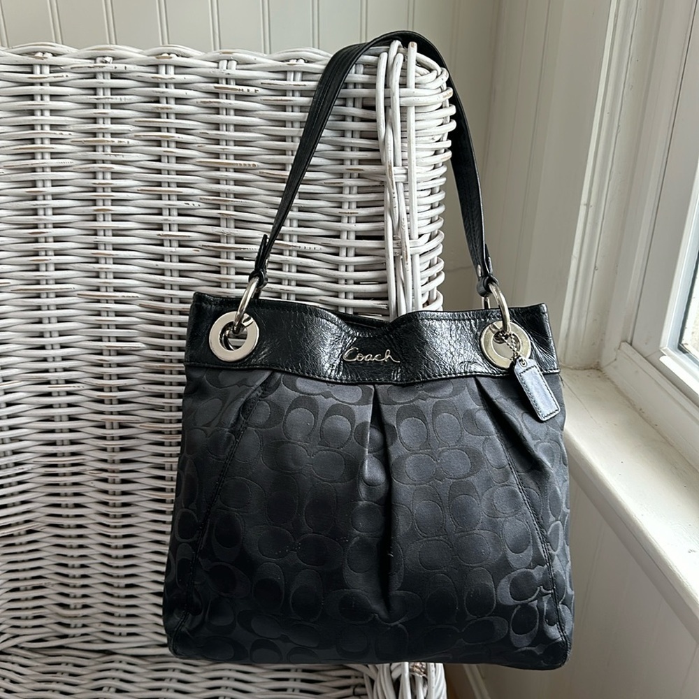 COACH Black Signature C Sateen Shoulder Bag with Creased Leather Trim